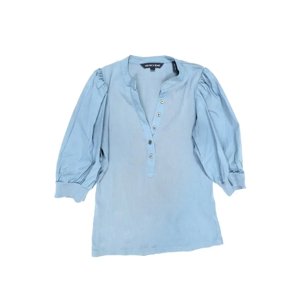 Veronica Beard Dusty Blue Ribbed Cotton Puff Sleeve Quiet Luxuy Capsule Top S - Picture 9 of 15